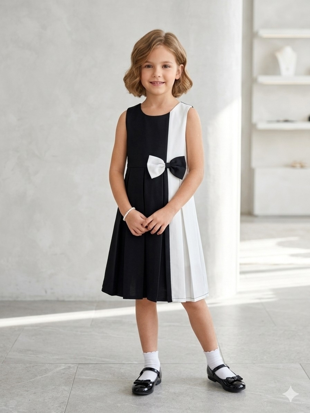NWOT Sunny Fashion Black White Colorblock Pleated Bow Dress Girls 12